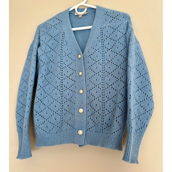 Nanette Lepore Blue Eyelet Knit Cardigan Sweater Faux Pearl Buttons Size Small - Picture 5 of 12